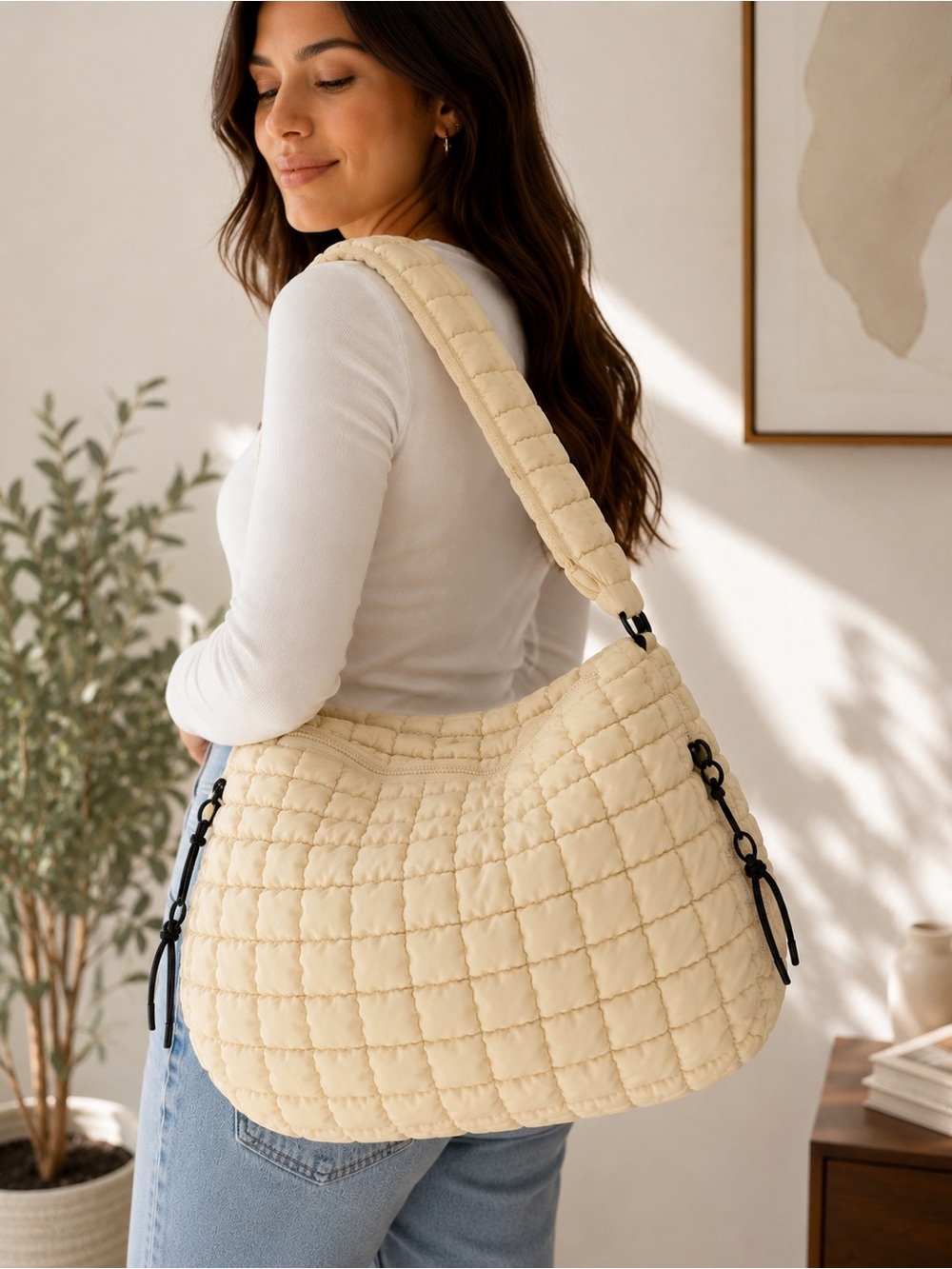 Quilted Crescent Shoulder Bag in Cream